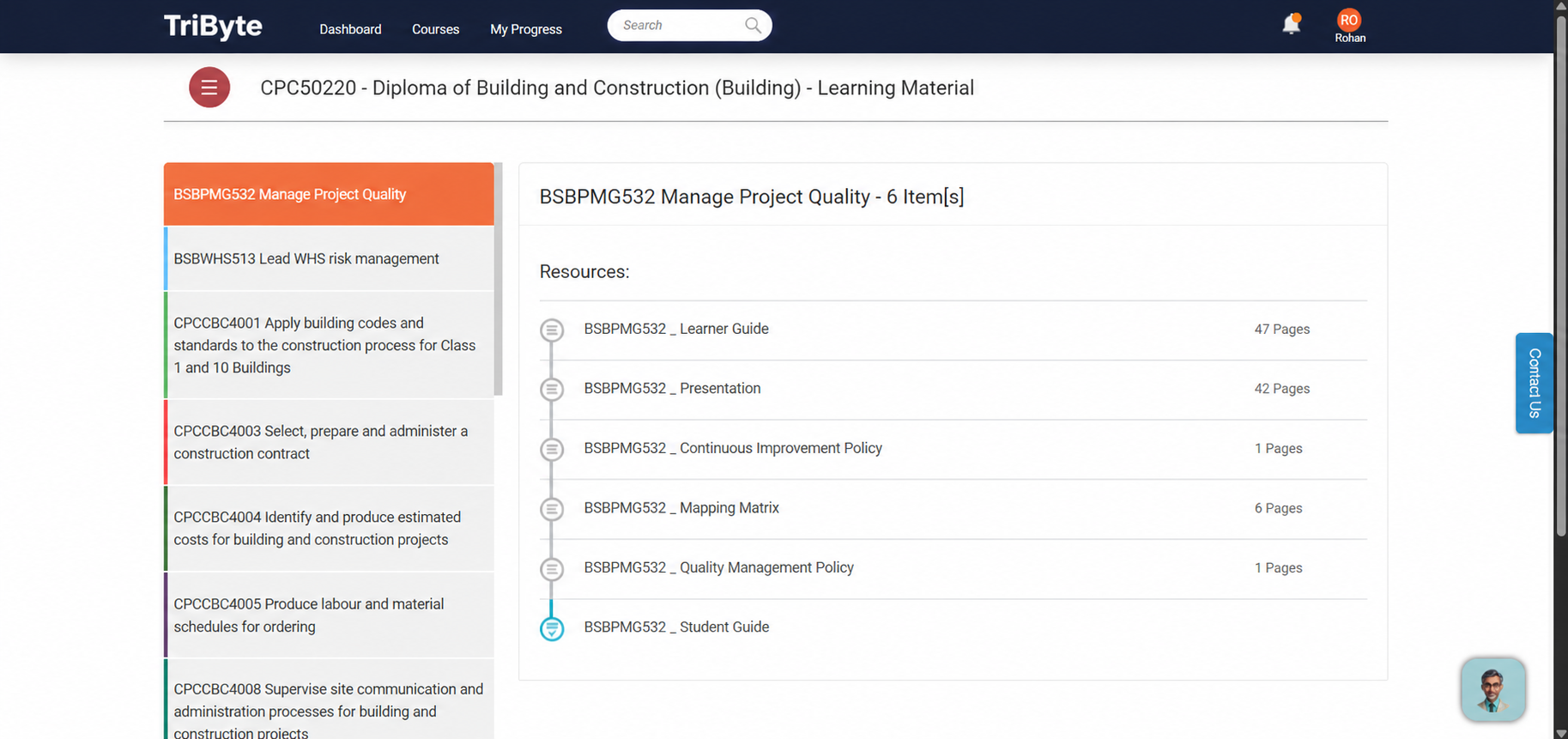 TriByte RTO course view showing course navigation and learning content
